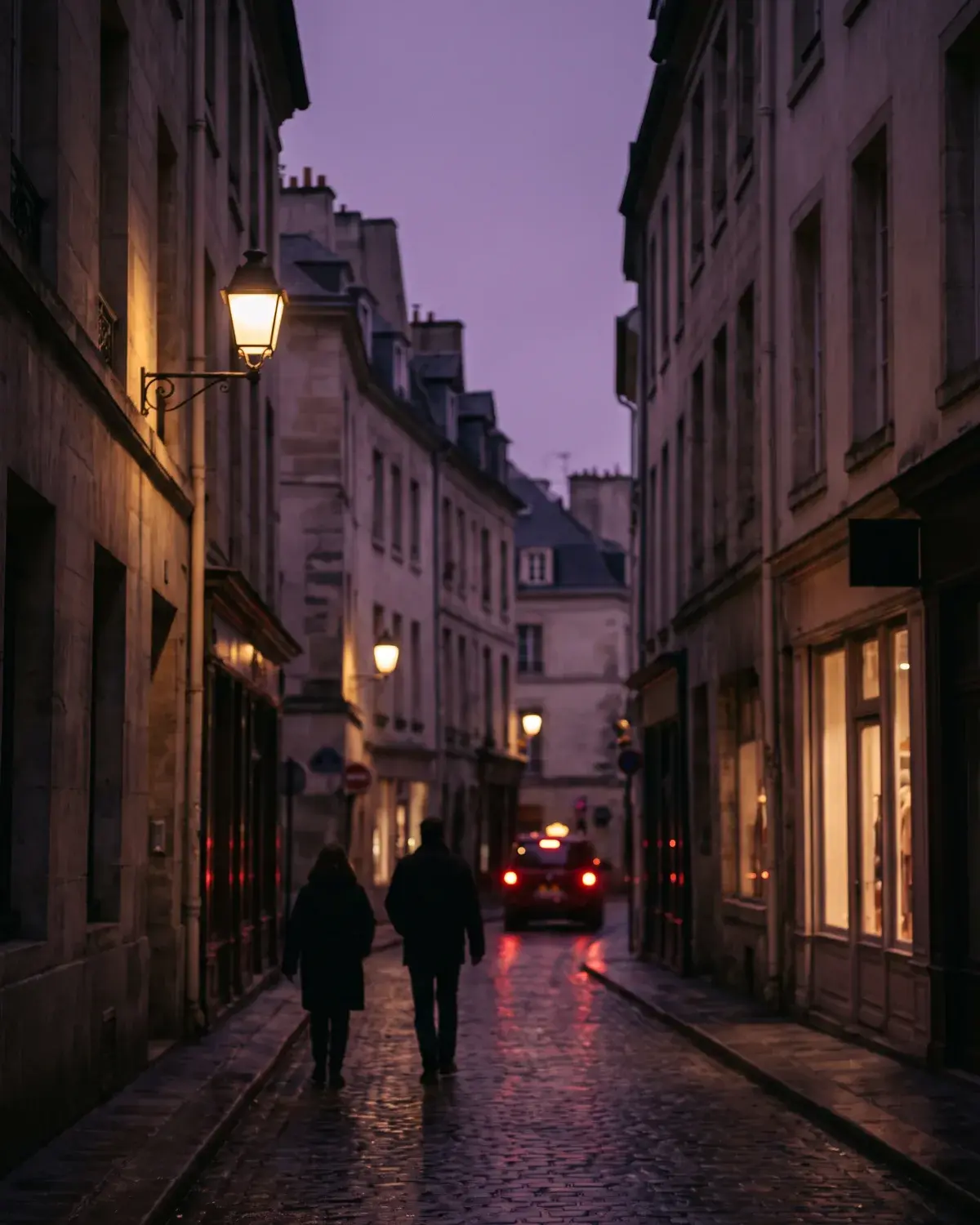 A narrow city street at dusk after rain, warm shop light on wet stone, two out-of-focus figures walking away.