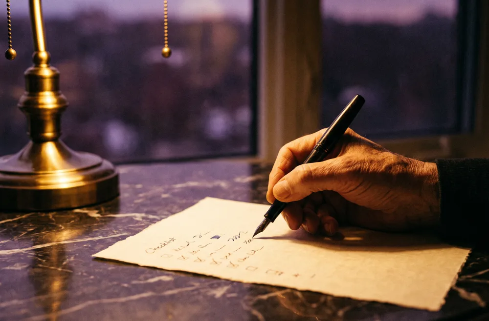 A hand with a fountain pen checking a small cream checklist on dark marble in warm lamplight.